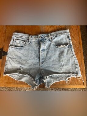 Levi's Light Blue Distressed 501 Denim Jean Shorts